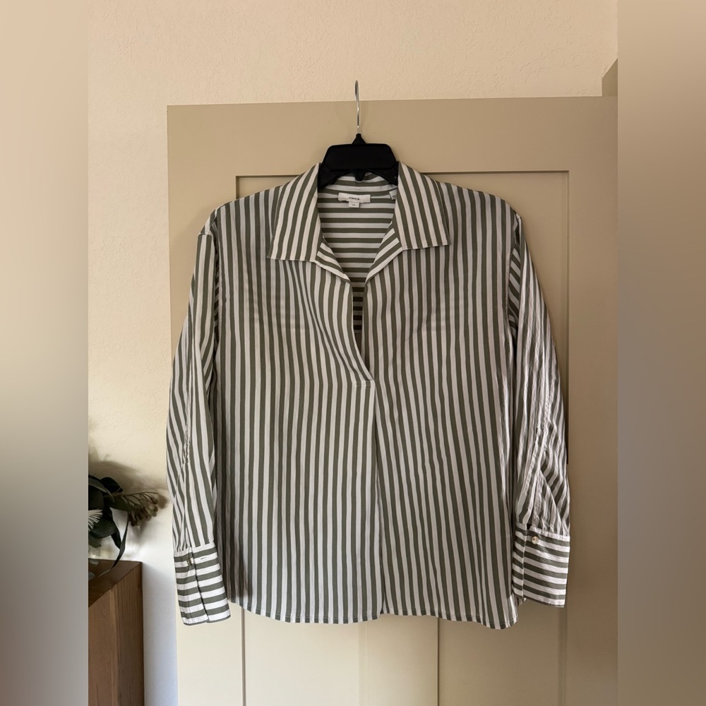 Vince Green White Stripe L V Neck Collared Long Sleeve Shirt
